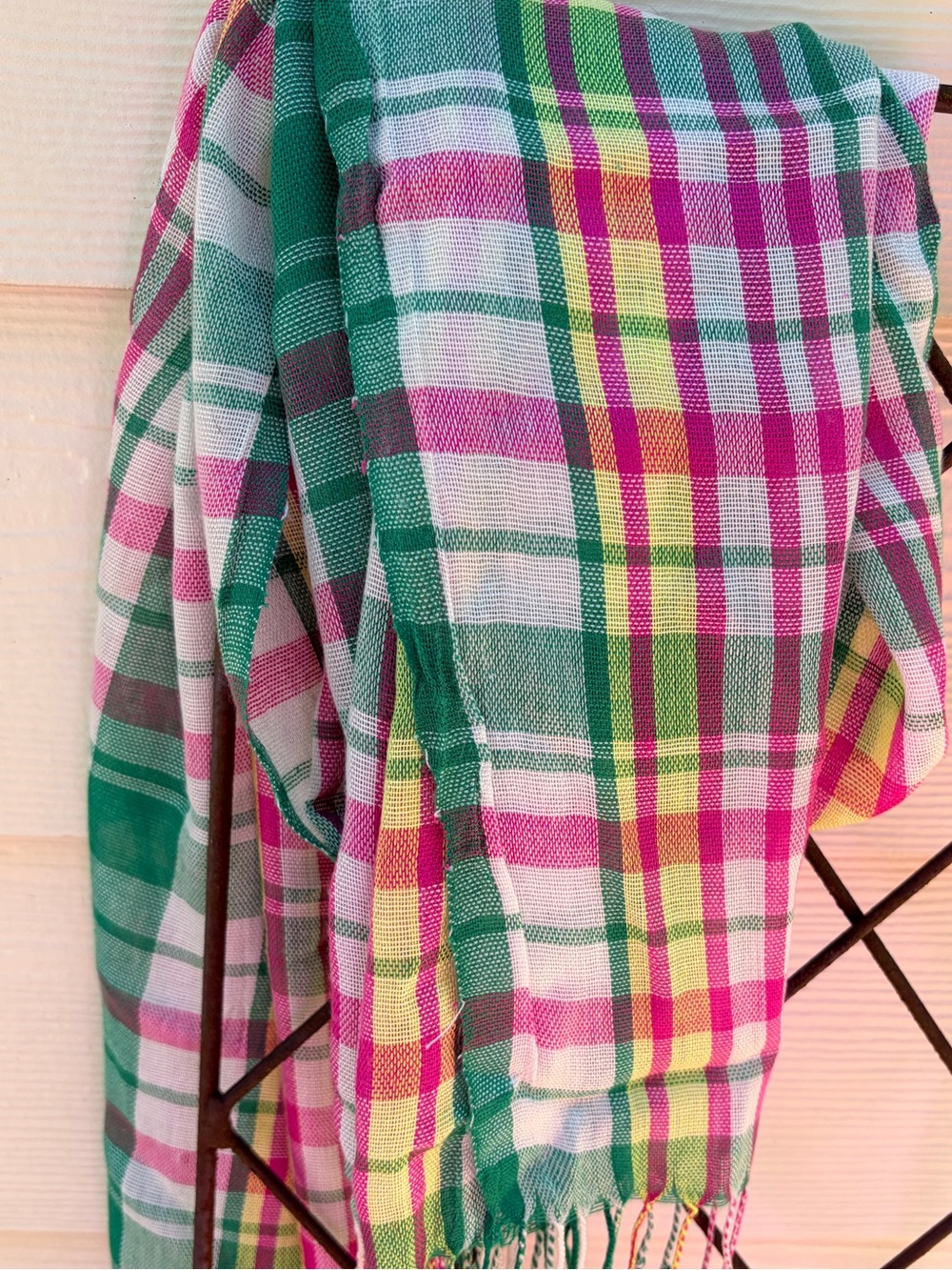Madras Preppy plaid scarf or runner decor fringe edges